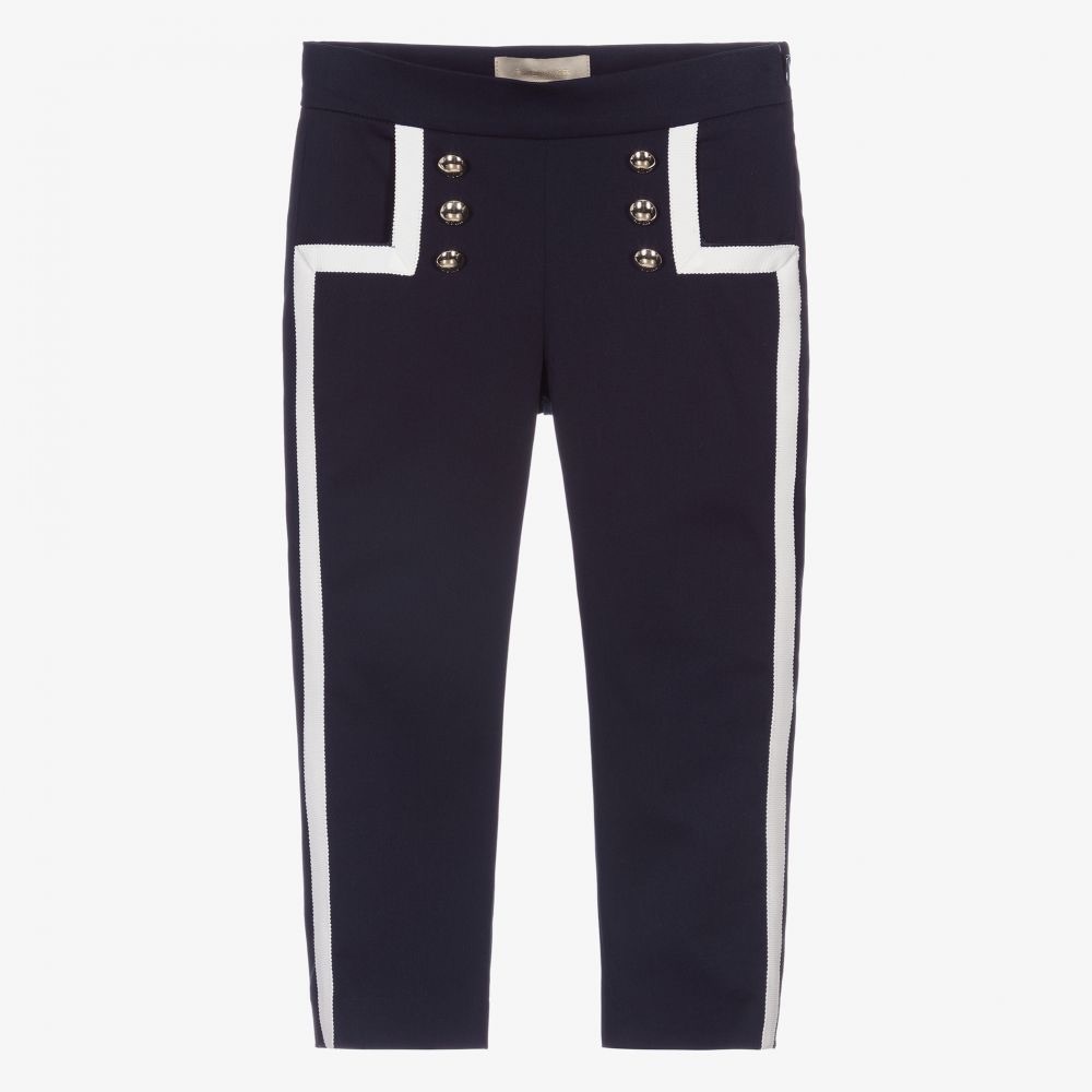 Elie Saab Girls Navy Blue and White Trim Ponte Pants